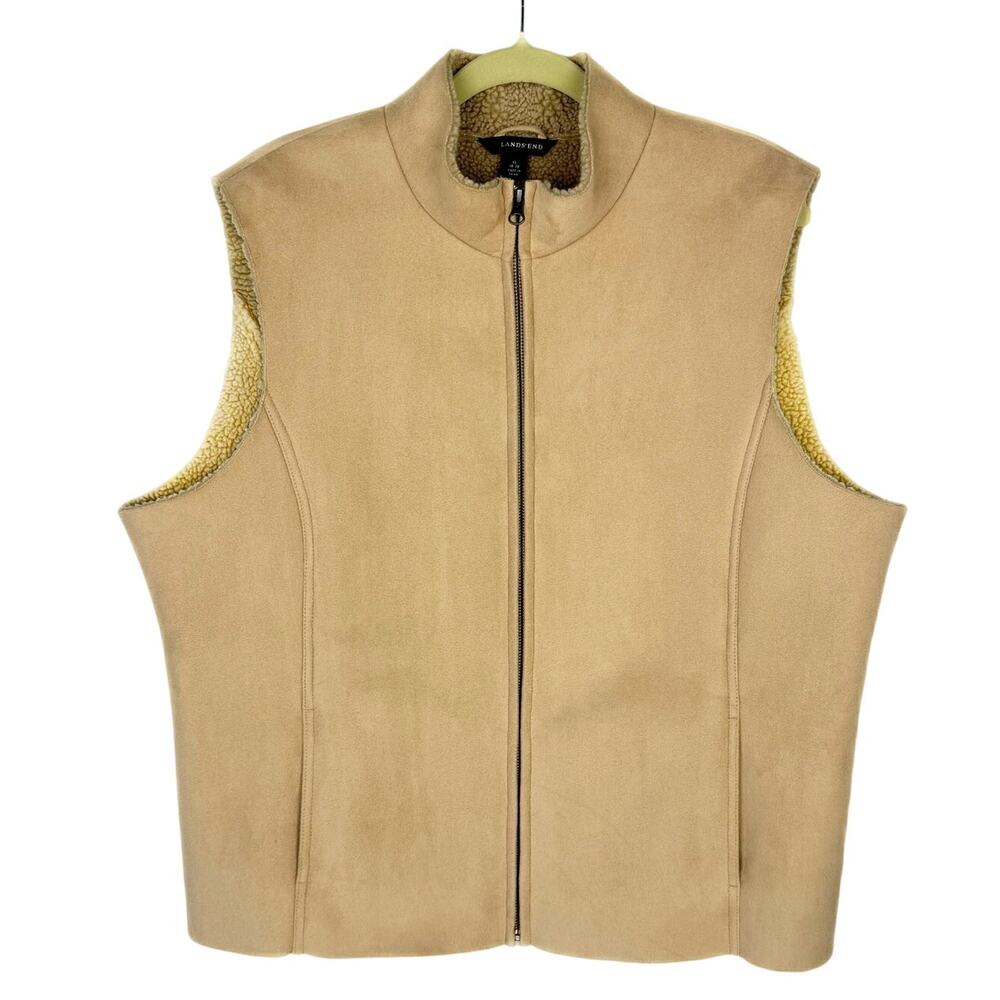 Lands' End Tan‎ Faux Suede Soft Warm Teddy Fleece Sleeveless Zip Vest XL (18-20)